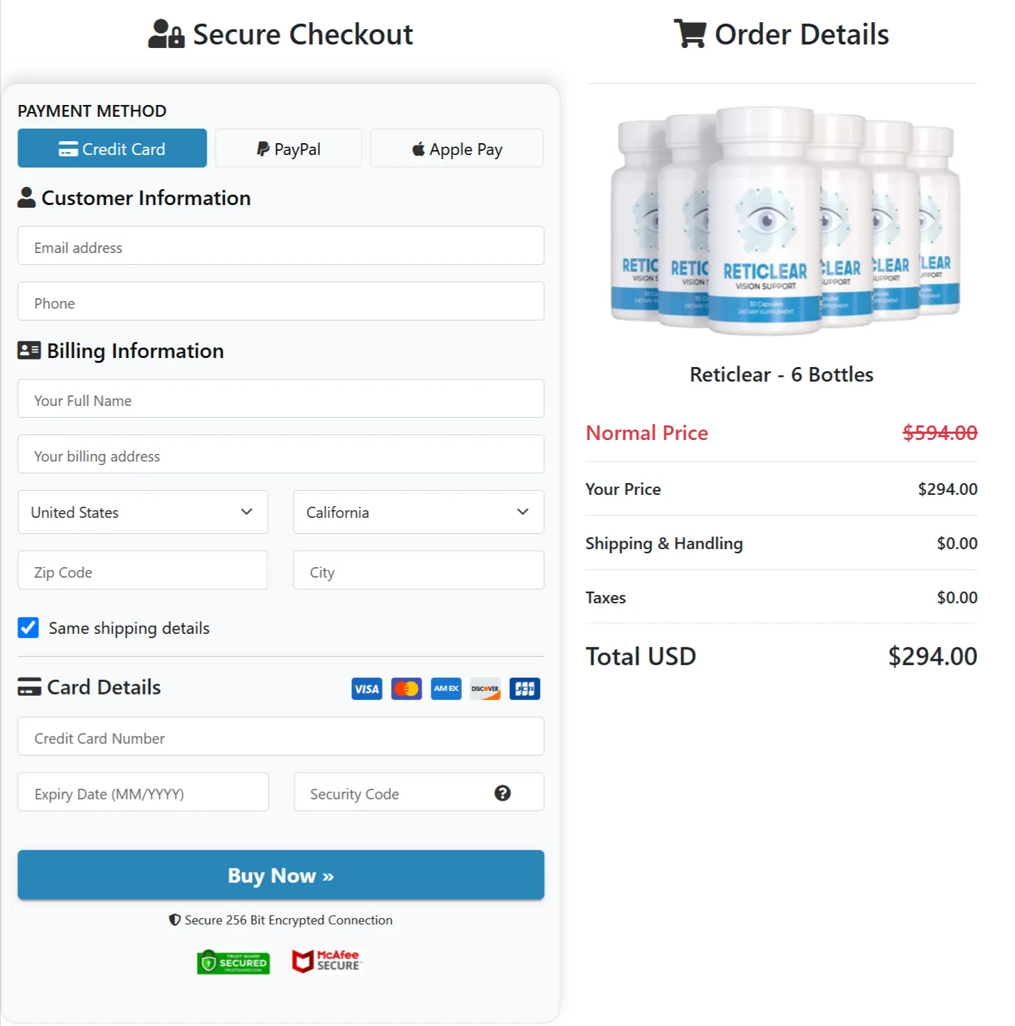 Reticlear checkout page